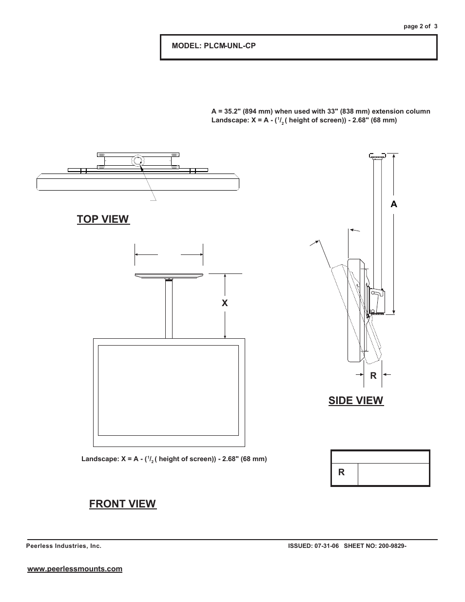 Front view side view, Top view, Technical data sheet | Peerless-AV PLCM-UNL-CP  - Sell Sheet User Manual | Page 2 / 3