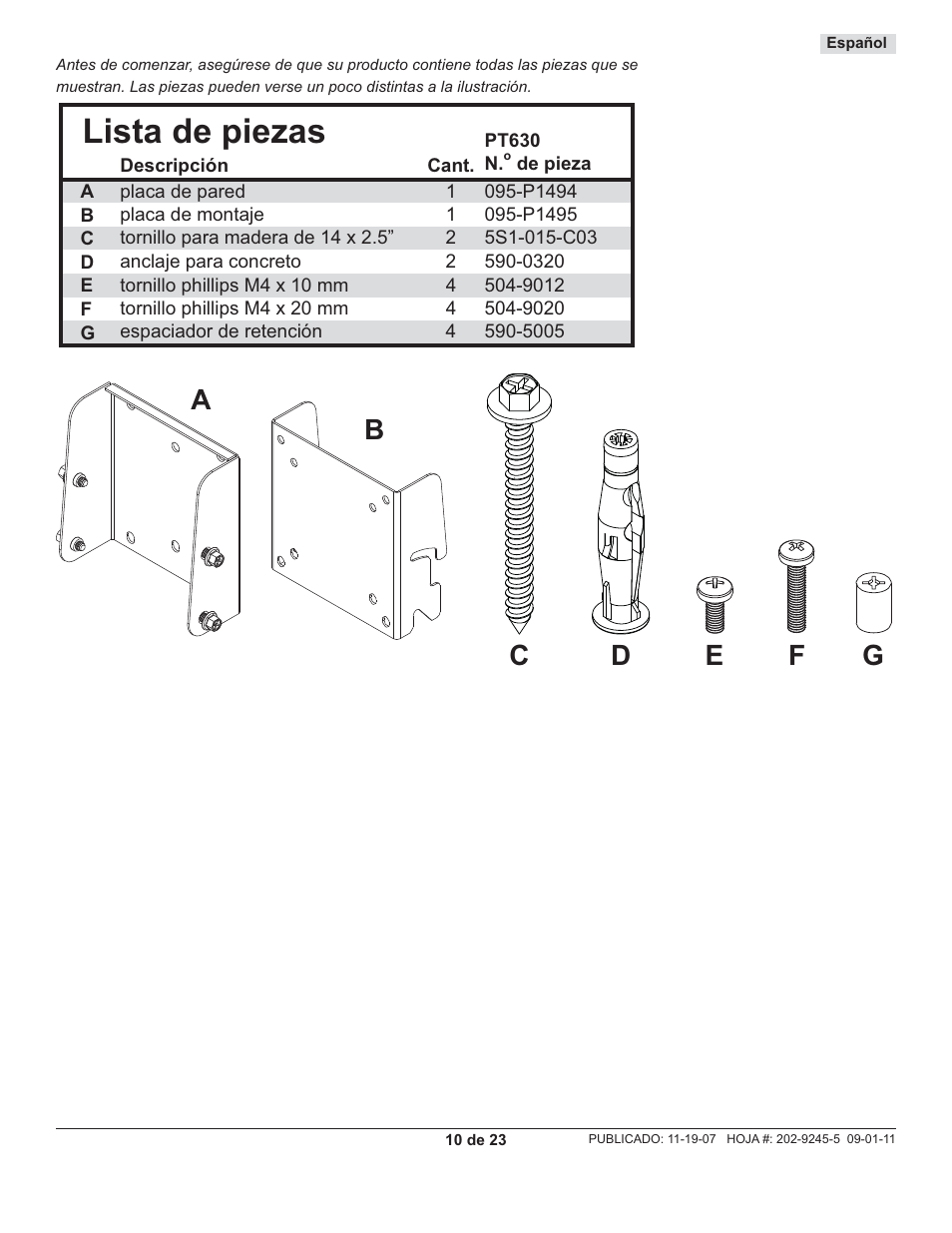 Lista de piezas | Peerless-AV PT630 - Installation User Manual | Page 10 / 23