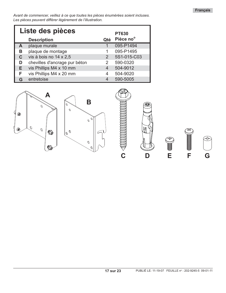 Liste des pièces | Peerless-AV PT630 - Installation User Manual | Page 17 / 23