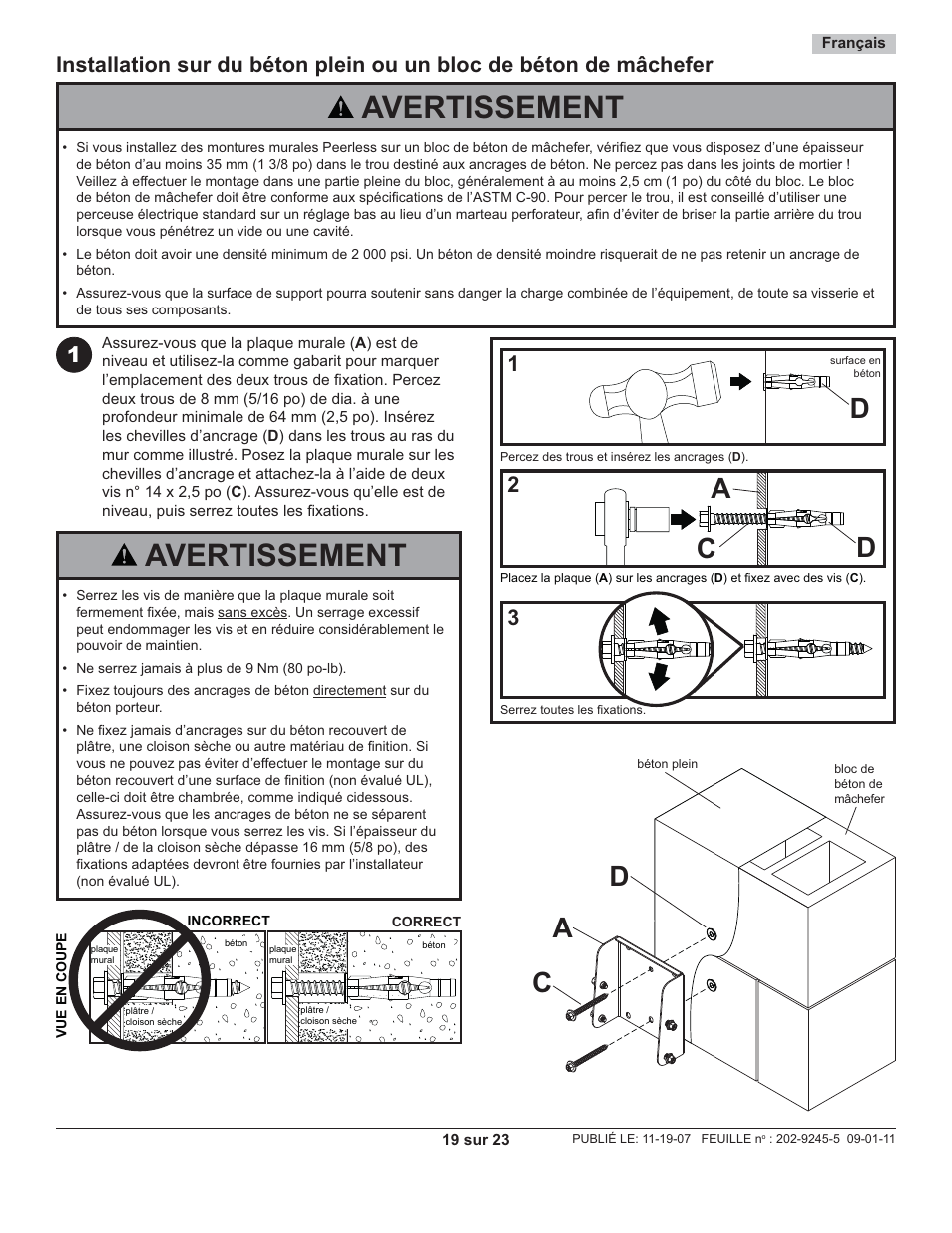Avertissement, Da c, Ca d | Peerless-AV PT630 - Installation User Manual | Page 19 / 23