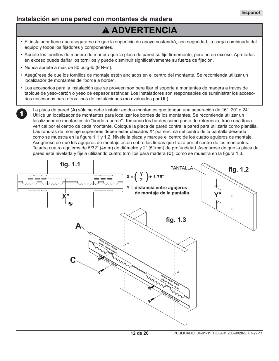 Advertencia | Peerless-AV SUF651 - Installation User Manual | Page 12 / 26