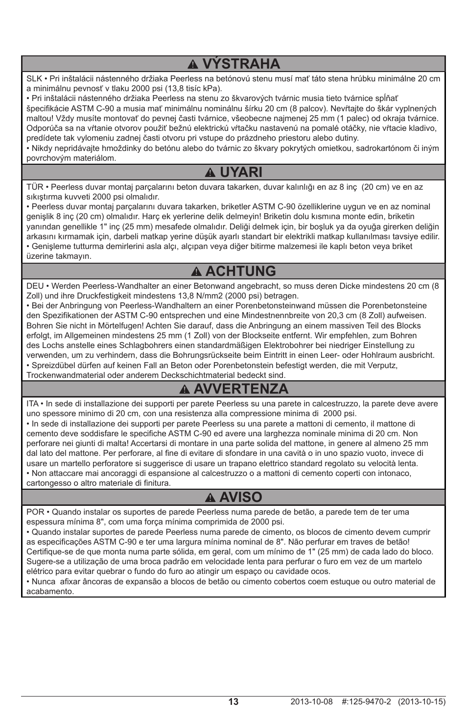 Uyari, Aviso, Výstraha | Avvertenza, Achtung | Peerless-AV DS-MB647P - Installation User Manual | Page 13 / 24