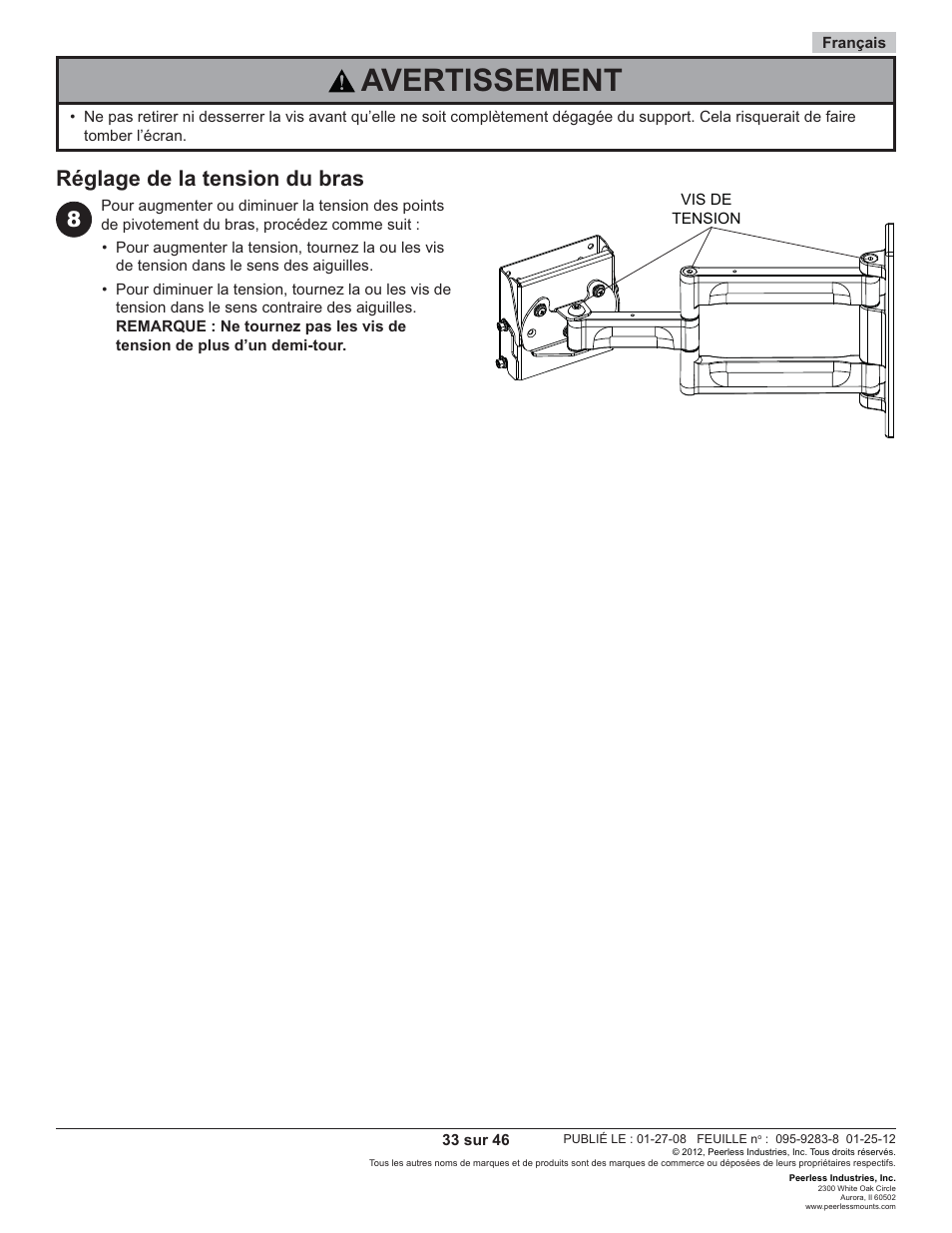 Avertissement, Réglage de la tension du bras 8 | Peerless-AV PA740 - Installation User Manual | Page 33 / 46