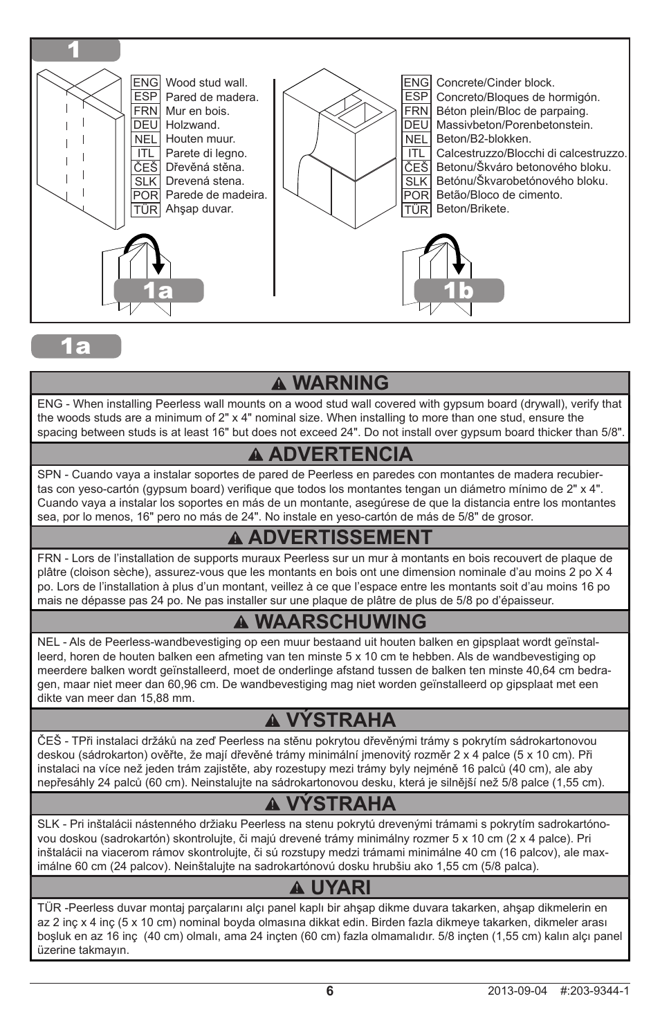 11b 1a, Výstraha, Advertencia | Waarschuwing, Advertissement, Uyari, Warning | Peerless-AV SF24D - Installation User Manual | Page 6 / 20