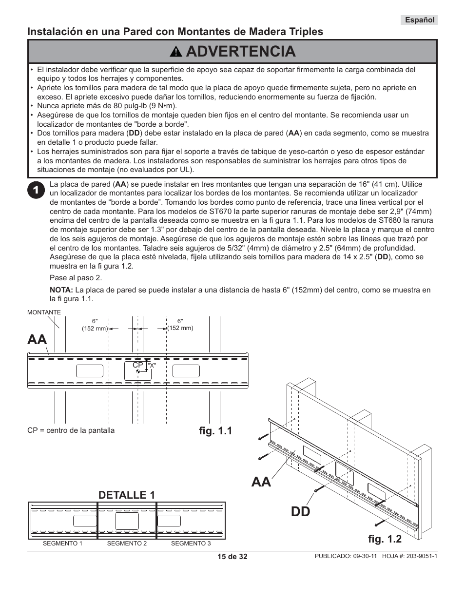 Advertencia, Dd aa, Fi g. 1.2 | Fi g. 1.1, Detalle 1 | Peerless-AV ST680-AW - Installation User Manual | Page 15 / 32