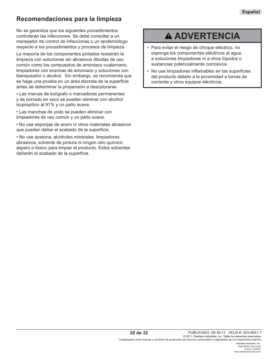 Advertencia, Recomendaciones para la limpieza | Peerless-AV ST680-AW - Installation User Manual | Page 20 / 32
