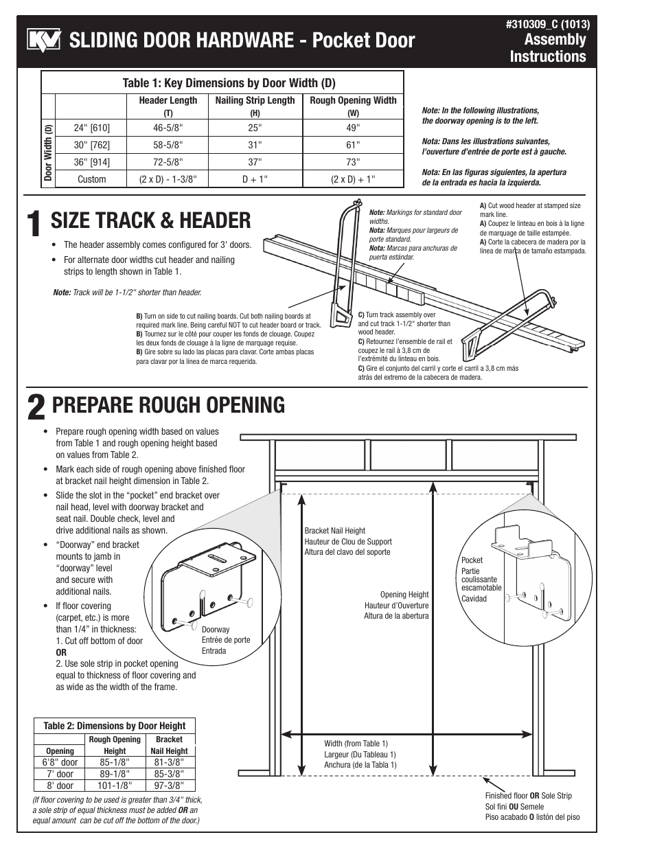 Size track & header prepare rough opening, Sliding door hardware - pocket door, Assembly instructions | Knape&Vogt PKF-150 Series User Manual | Page 2 / 6
