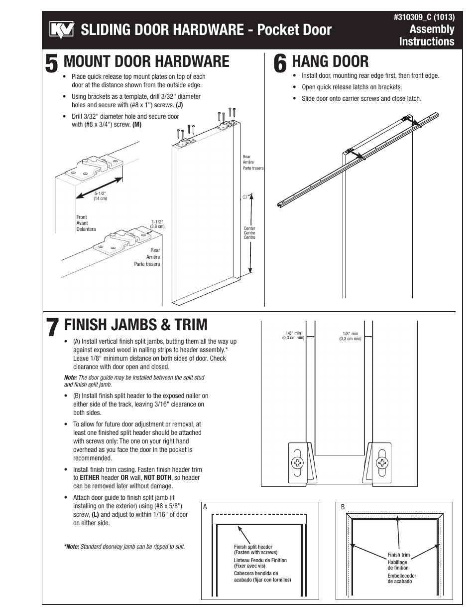 Mount door hardware hang door finish jambs & trim, Sliding door hardware - pocket door, Assembly instructions | Knape&Vogt PKF-150 Series User Manual | Page 4 / 6