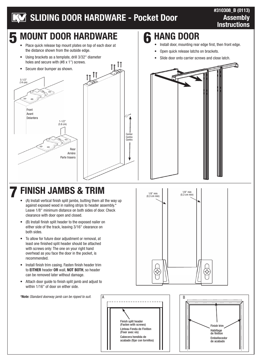 Mount door hardware hang door finish jambs & trim, Sliding door hardware - pocket door, Assembly instructions | Knape&Vogt PKF-100 Series User Manual | Page 4 / 6