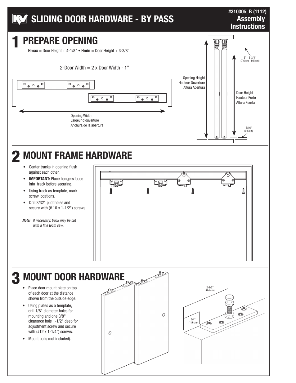 Prepare opening mount frame hardware, Mount door hardware, Sliding door hardware - by pass | Assembly instructions | Knape&Vogt BYP-275I Series User Manual | Page 2 / 4
