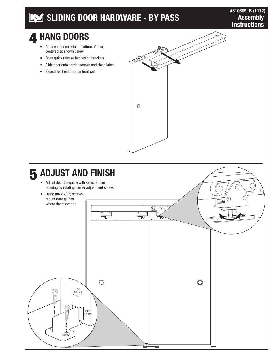 Hang doors adjust and finish, Sliding door hardware - by pass | Knape&Vogt BYP-275I Series User Manual | Page 3 / 4