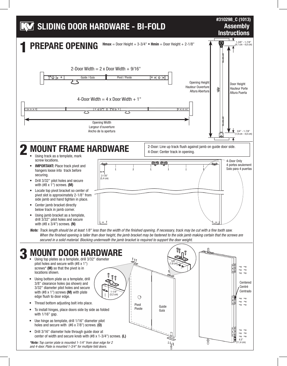 Prepare opening mount frame hardware, Mount door hardware, Sliding door hardware - bi-fold | Assembly instructions | Knape&Vogt BIF-50A Series User Manual | Page 2 / 4
