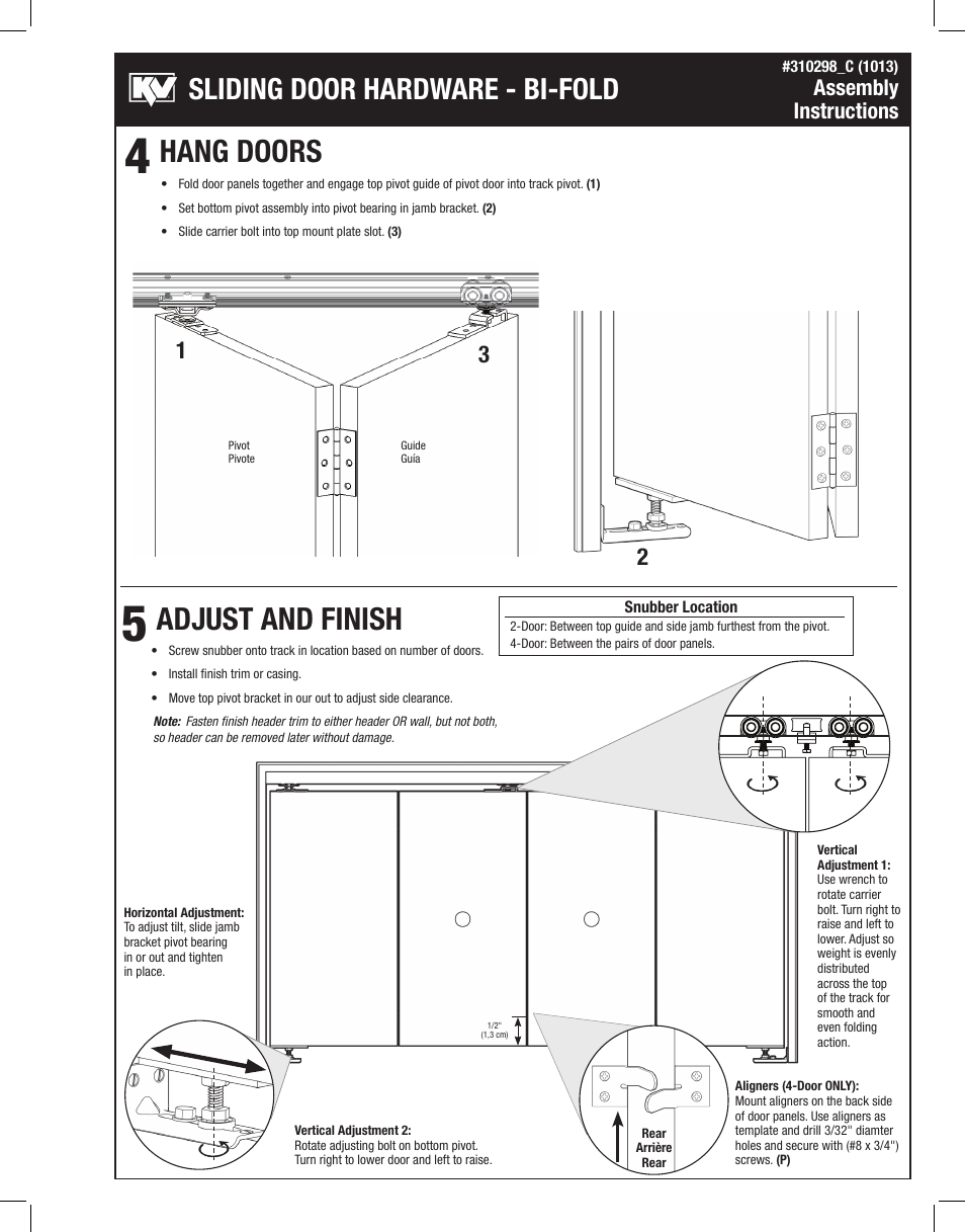 Hang doors adjust and finish, Sliding door hardware - bi-fold, Assembly instructions | Knape&Vogt BIF-50A Series User Manual | Page 3 / 4