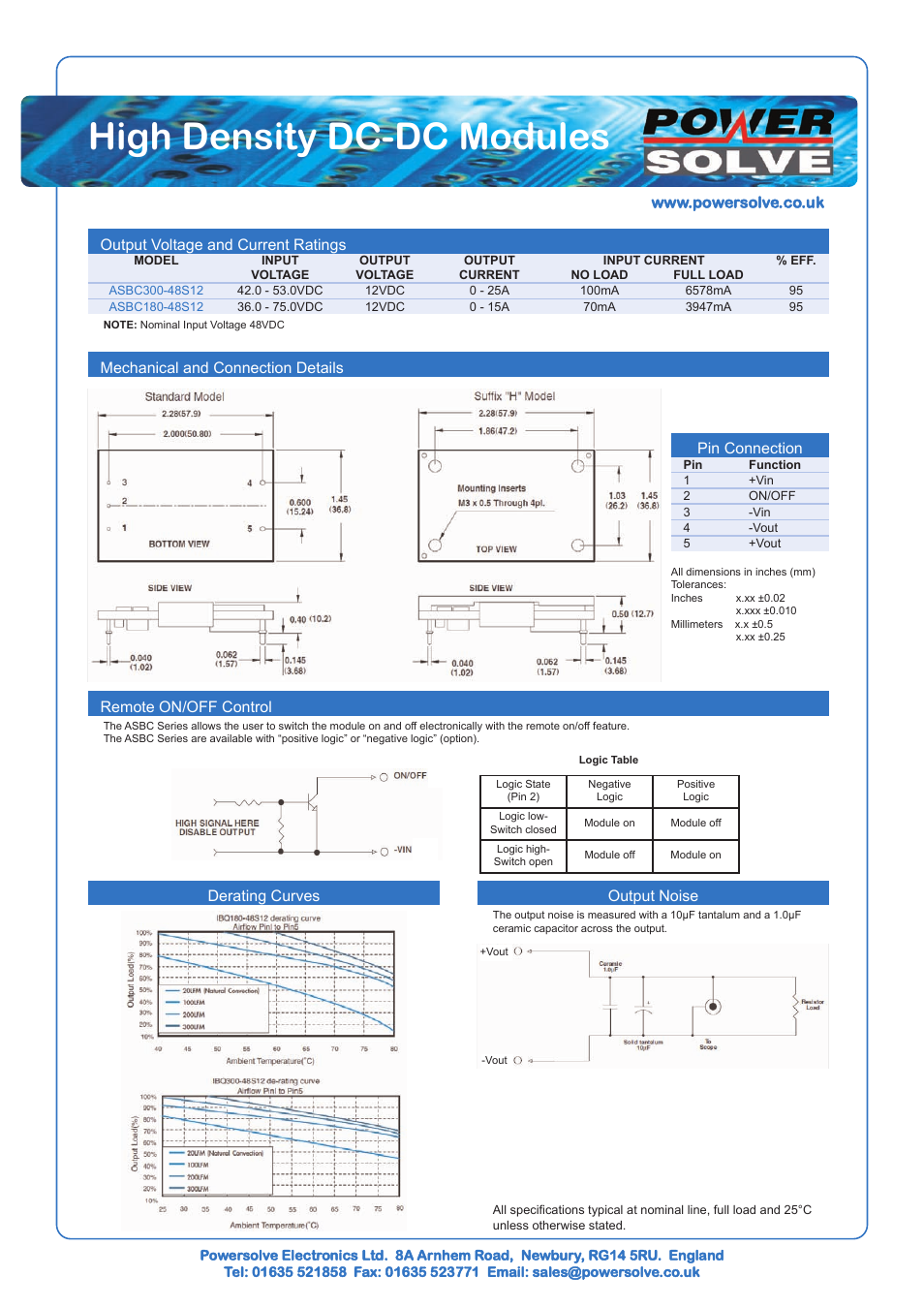 High density dc-dc modules, Output voltage and current ratings pin connection, Derating curves output noise | Powersolve ASBC Series User Manual | Page 2 / 2