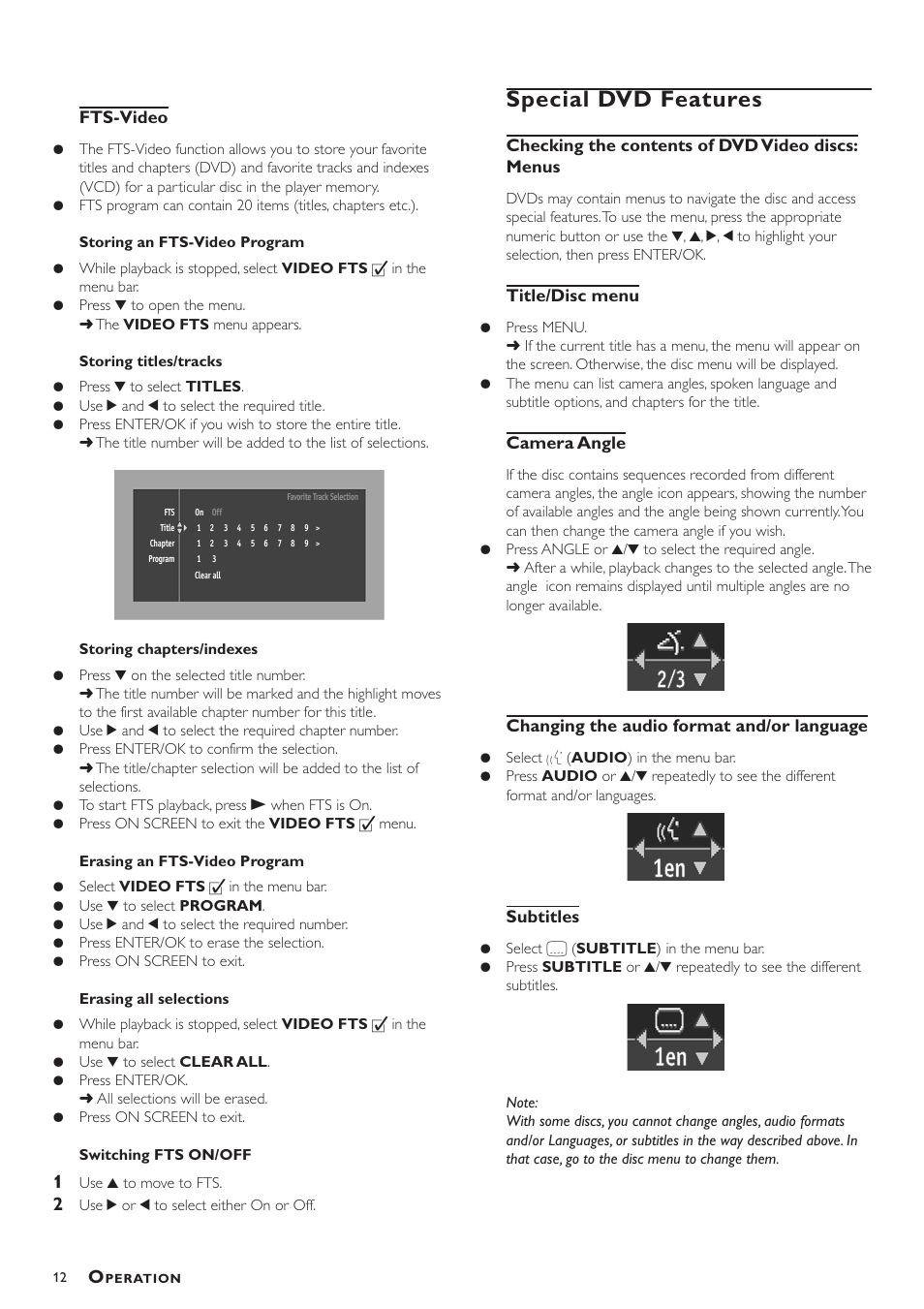 Special dvd features, Fts-video, Checking the contents of dvd video discs: menus | Title/disc menu, Camera angle, Changing the audio format and/or language, Subtitles | Yamaha DV-S5450 User Manual | Page 16 / 23