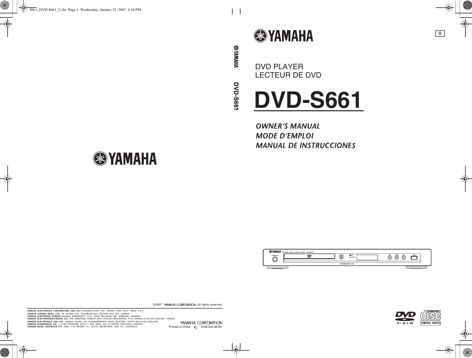 Dvd-s661, Dvd player lecteur de dvd | Yamaha DVD-S661BL User Manual | Page 46 / 46
