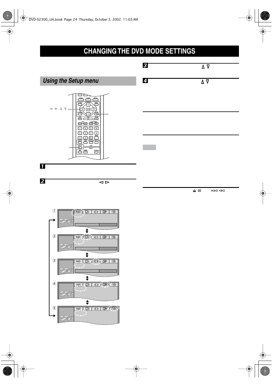 Detailed settings, Changing the dvd mode settings, Using the setup menu | Returning to the previous screen, Exiting setup mode | Yamaha DVD-S2300 User Manual | Page 28 / 42