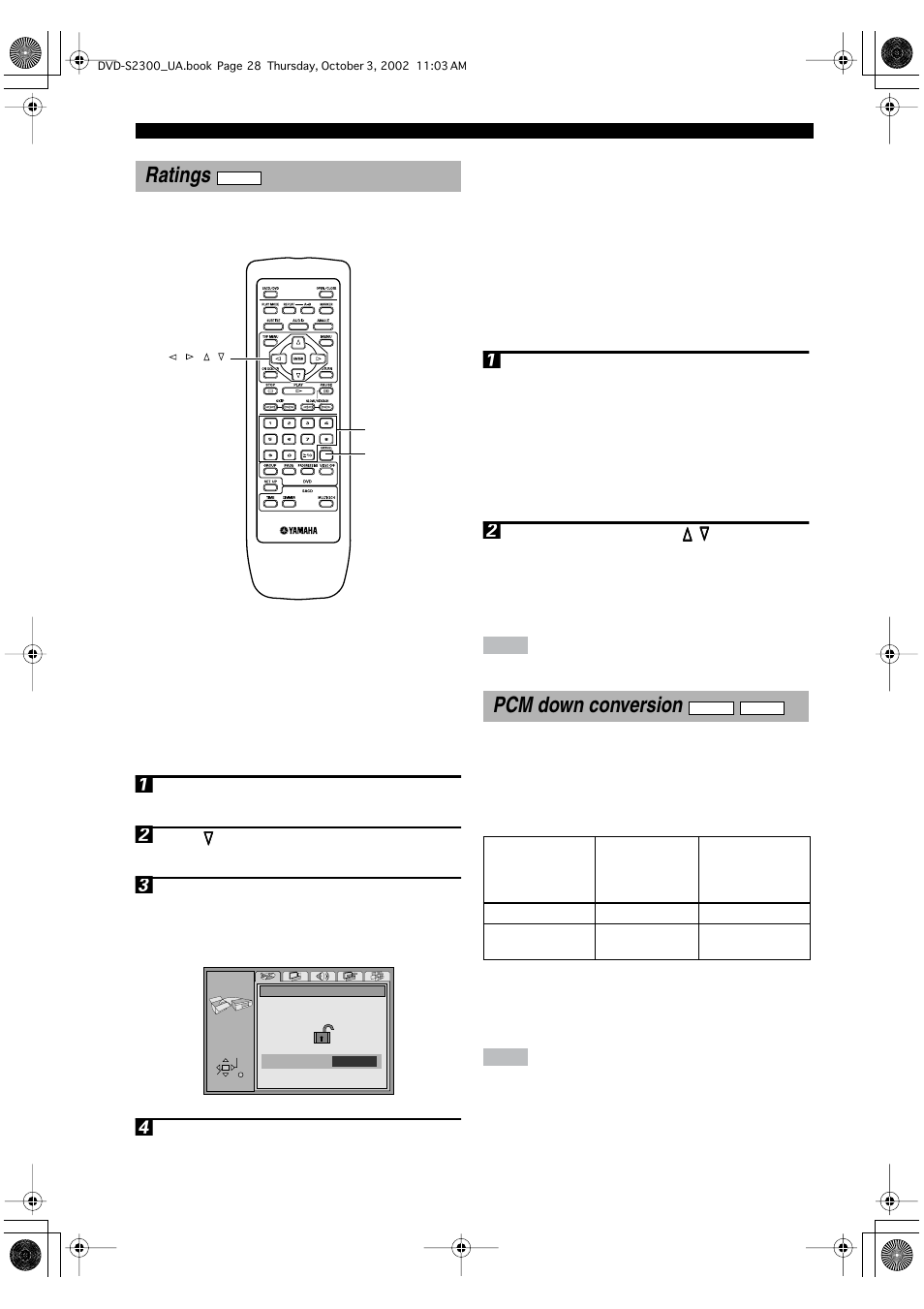 Ratings, Changing the ratings level (from level 8), Changing the ratings level (from levels 7 - 0) | If you forget your password, Pcm down conversion, Ratings pcm down conversion, Changing the ratings level | Yamaha DVD-S2300 User Manual | Page 32 / 42