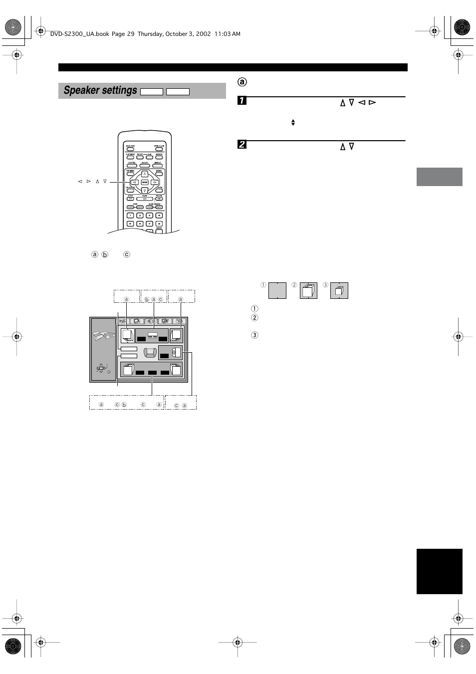 Speaker settings, A speaker selection and size, Aspeaker selection and size | Yamaha DVD-S2300 User Manual | Page 33 / 42