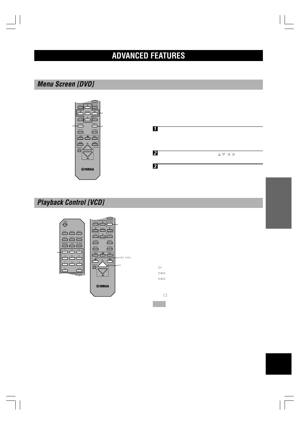 Advanced features, Menu screen [dvd, Playback control [vcd | Yamaha DV-C6280 User Manual | Page 23 / 39