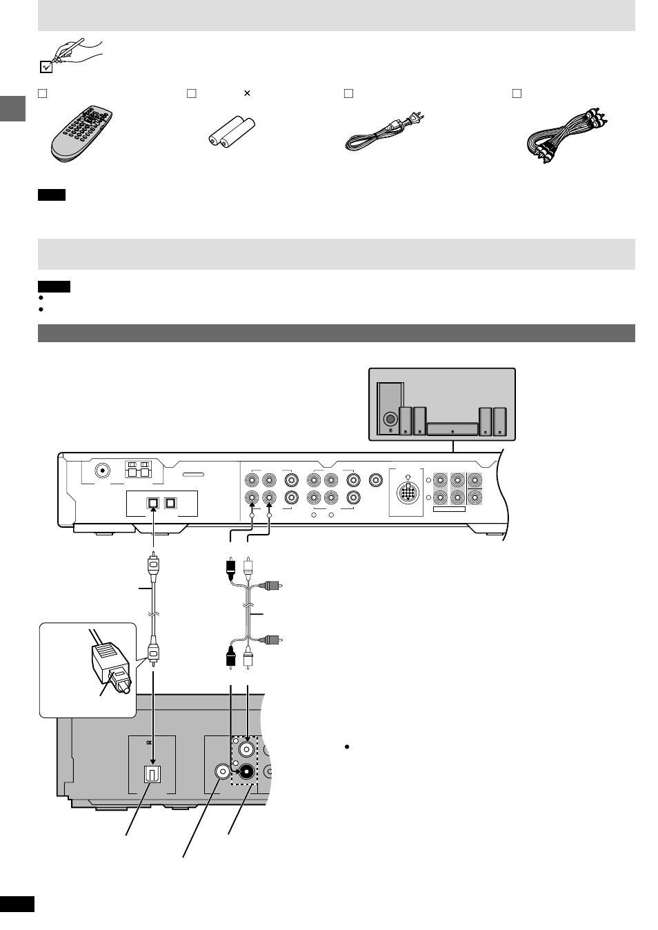 Accessories, Connection, Audio connection | Optical jack, Mixed 2 ch jacks, Subwoofer jack, Getting started | Yamaha DVD-S80 User Manual | Page 4 / 20