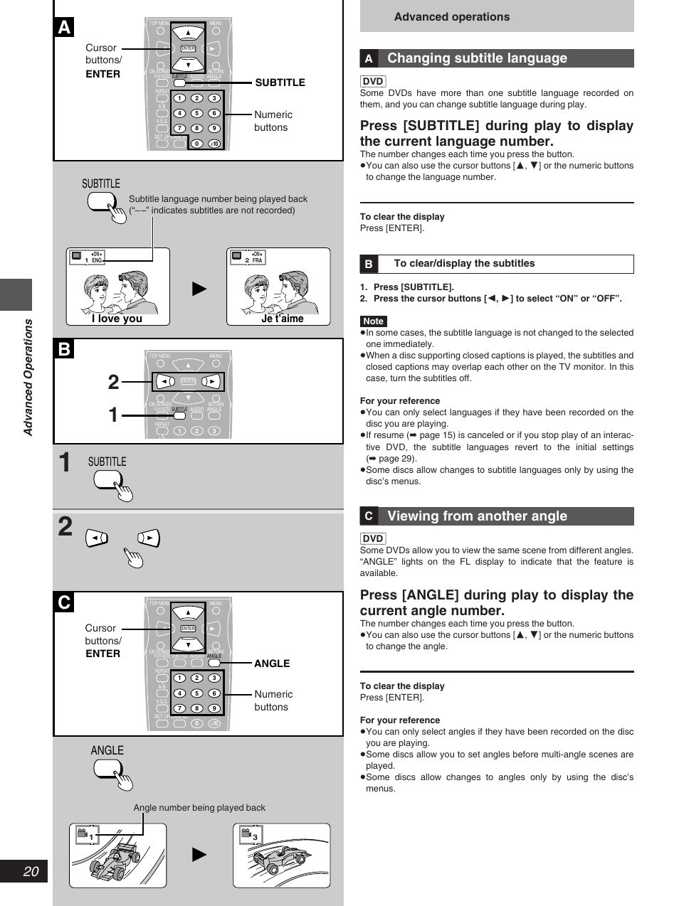 Changing subtitle language, Viewing from another angle, Subtitle | Angle, Advanced operations | Yamaha DVD-S796 User Manual | Page 20 / 40