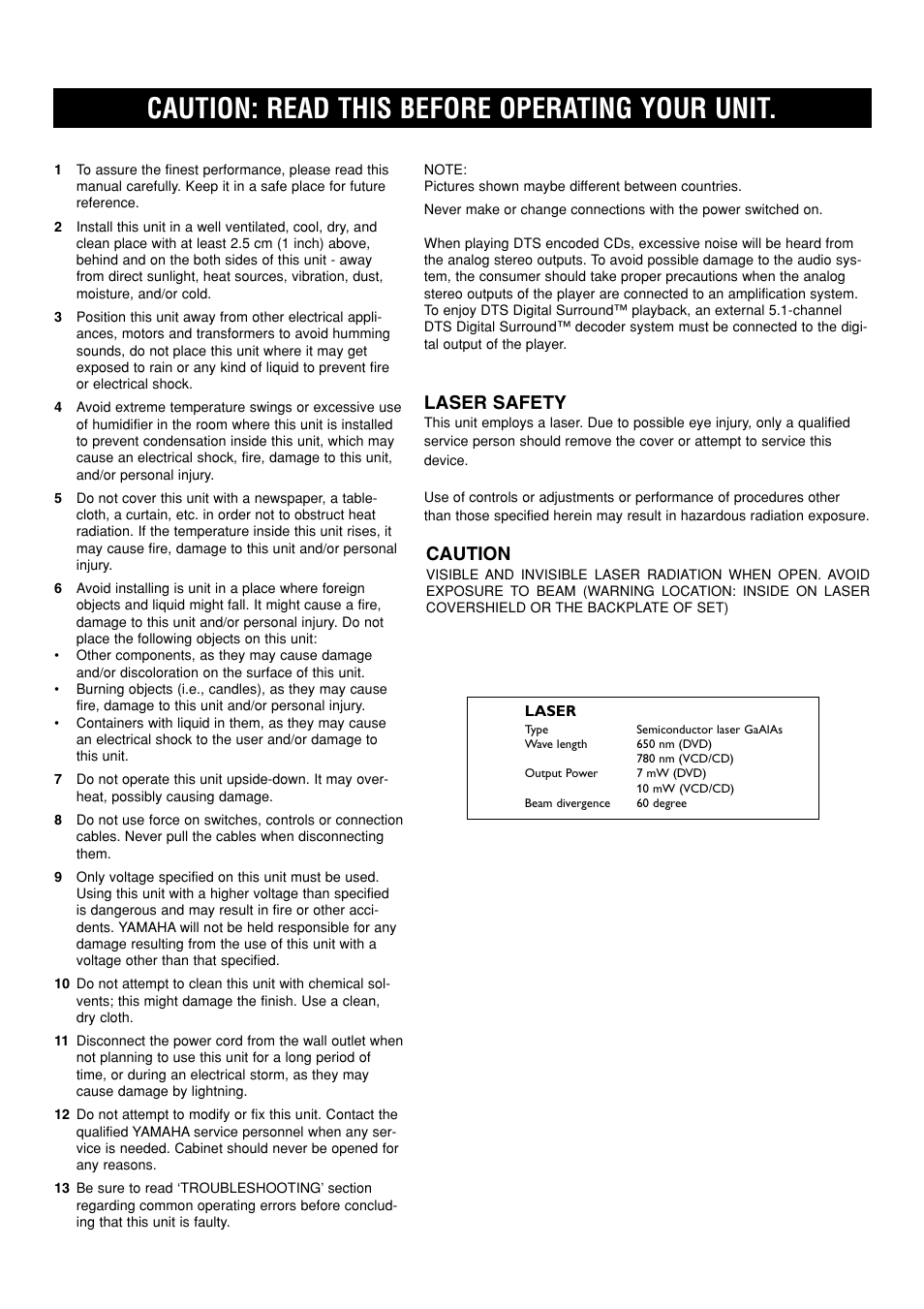 English, Caution, Caution: read this before operating your unit | Laser safety | Yamaha DVD-S520 User Manual | Page 4 / 23
