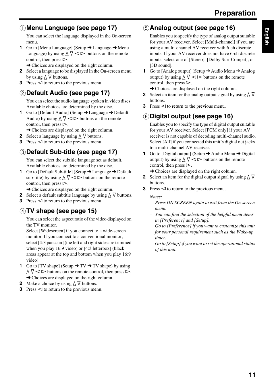 Preparation, 1 menu language (see page 17), 2 default audio (see page 17) | 3 default sub-title (see page 17), 4 tv shape (see page 15), 5 analog output (see page 16), 6 digital output (see page 16) | Yamaha DVD-S2500 User Manual | Page 15 / 36