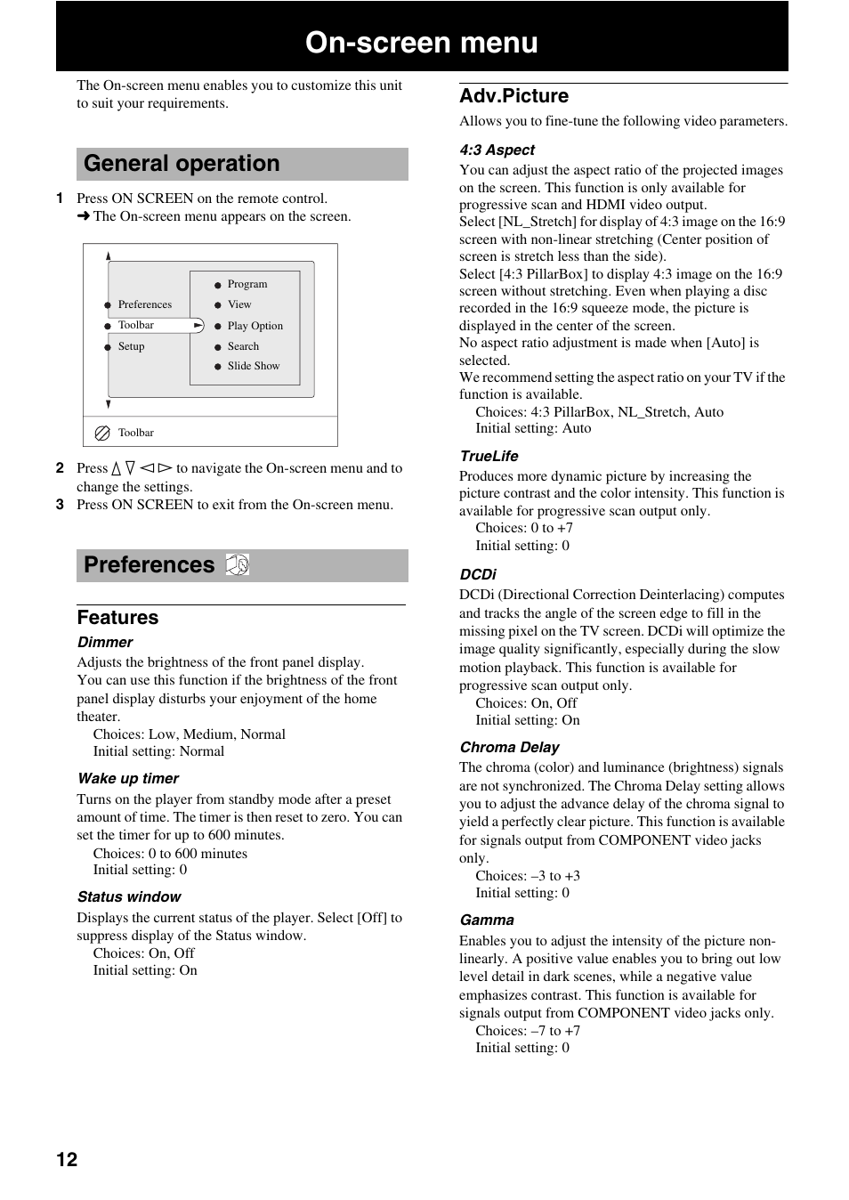 On-screen menu, General operation, Preferences | Features, Adv.picture, General operation preferences, Features adv.picture | Yamaha DVD-S2500 User Manual | Page 16 / 36