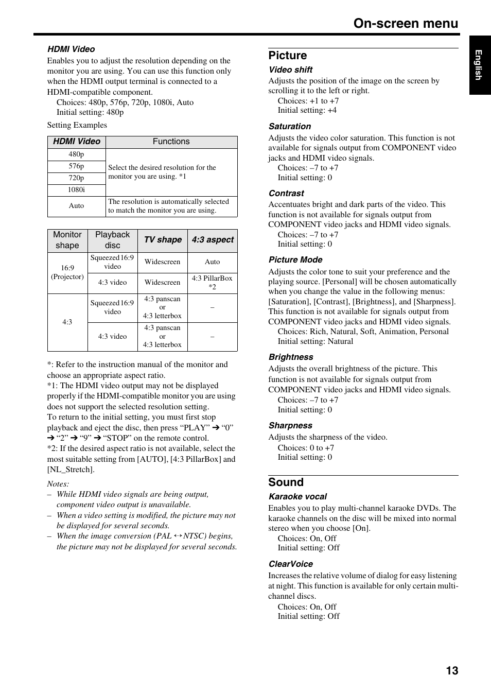 Picture, Sound, Picture sound | On-screen menu | Yamaha DVD-S2500 User Manual | Page 17 / 36