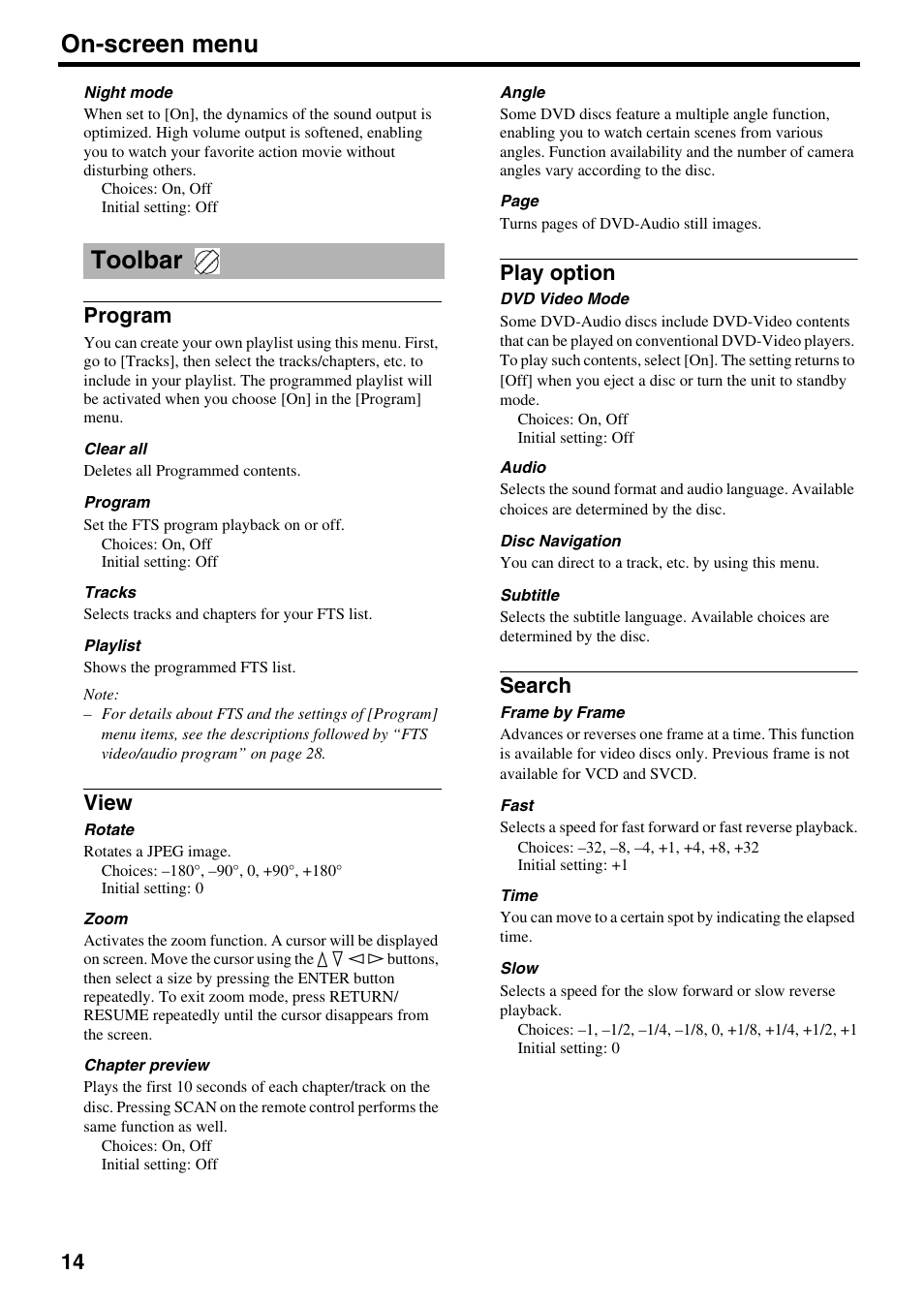 Toolbar, Program, View | Play option, Search, Program view play option search, On-screen menu | Yamaha DVD-S2500 User Manual | Page 18 / 36