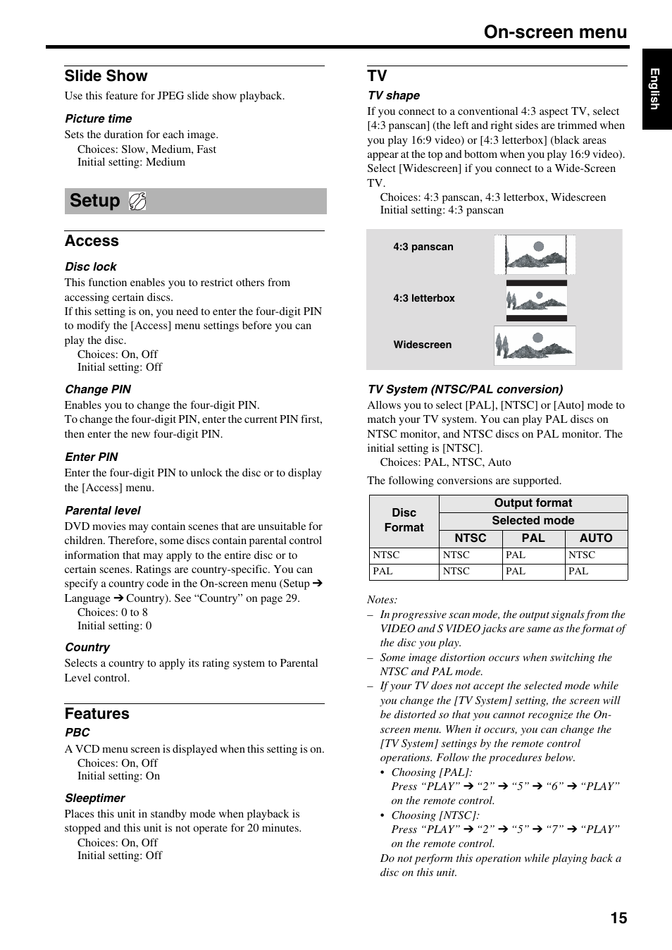 Slide show, Setup, Access | Features, Access features tv, On-screen menu | Yamaha DVD-S2500 User Manual | Page 19 / 36