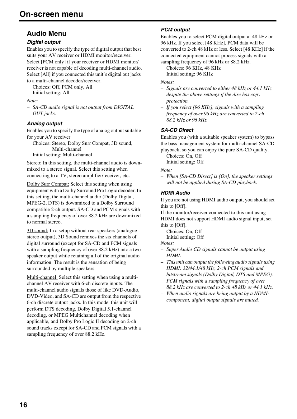 Audio menu, On-screen menu | Yamaha DVD-S2500 User Manual | Page 20 / 36