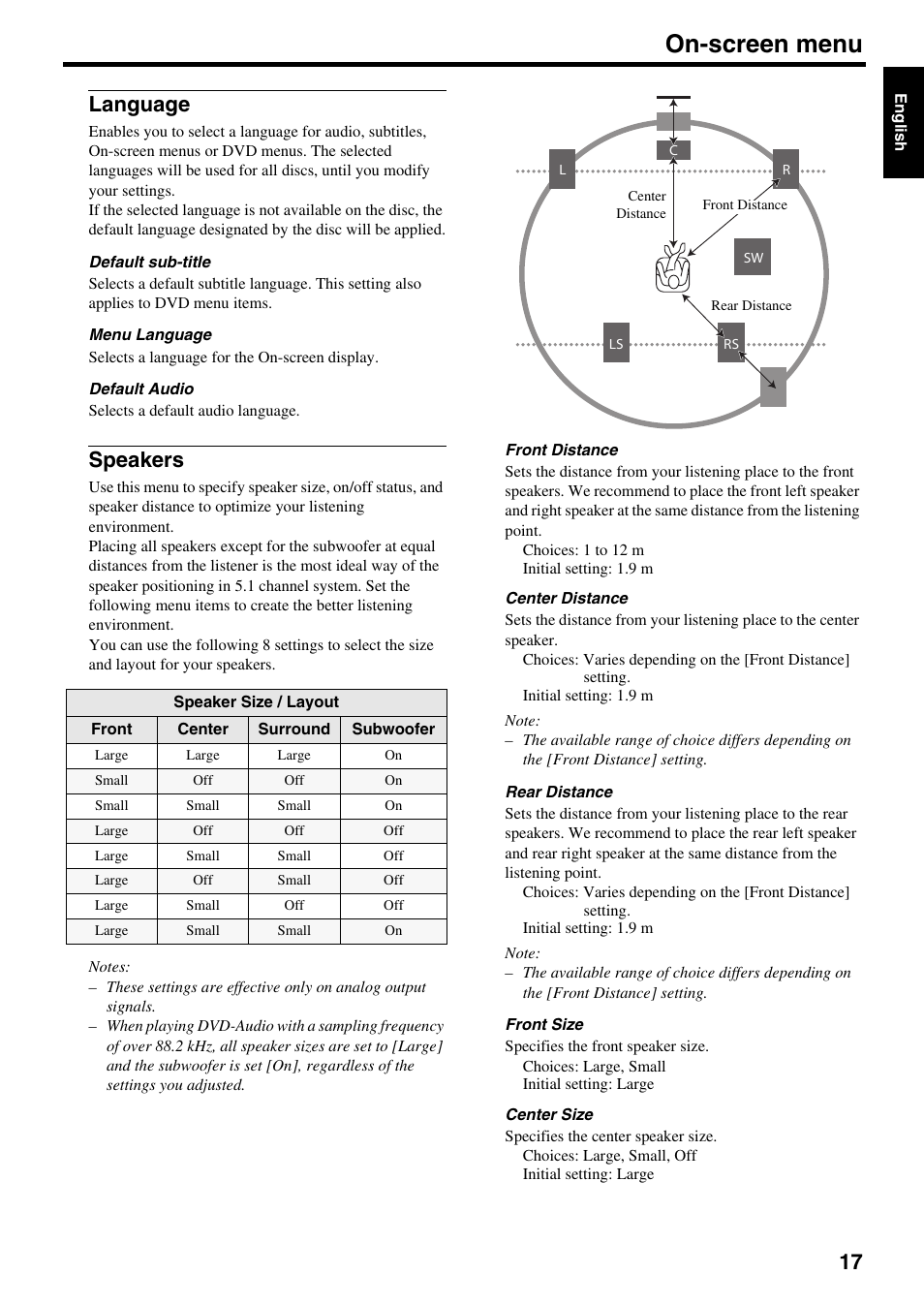 Language, Speakers, Language speakers | On-screen menu | Yamaha DVD-S2500 User Manual | Page 21 / 36