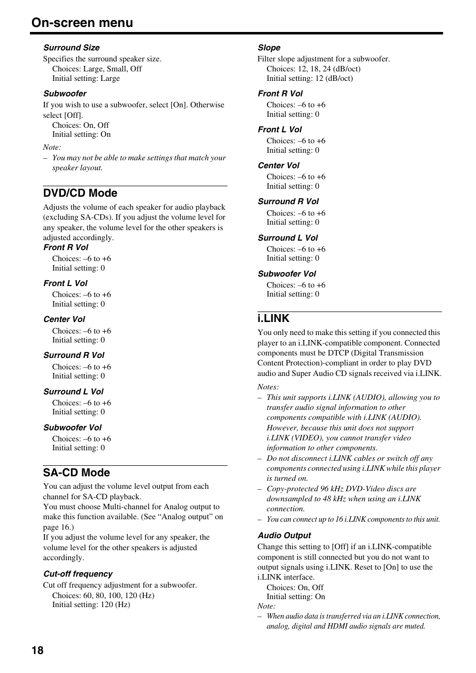Dvd/cd mode, Sa-cd mode, I.link | Dvd/cd mode sa-cd mode i.link, On-screen menu | Yamaha DVD-S2500 User Manual | Page 22 / 36