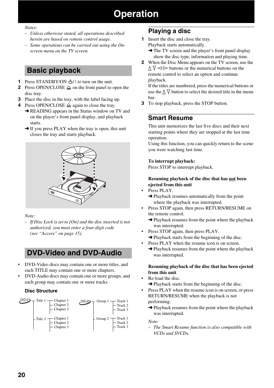 Operation, Basic playback, Dvd-video and dvd-audio | Playing a disc, Smart resume, Basic playback dvd-video and dvd-audio, Playing a disc smart resume | Yamaha DVD-S2500 User Manual | Page 24 / 36