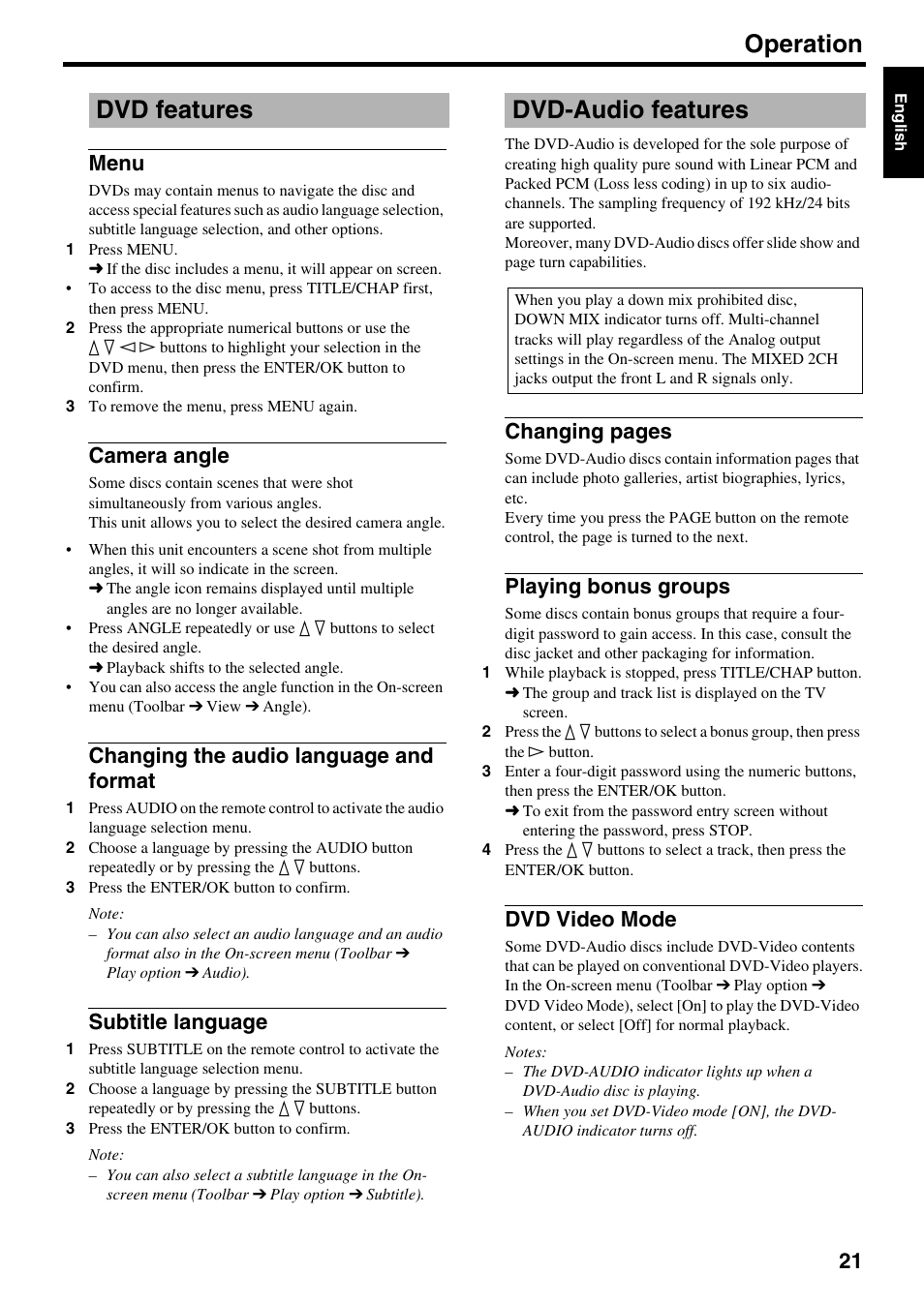 Dvd features, Menu, Camera angle | Changing the audio language and format, Subtitle language, Dvd-audio features, Playing bonus groups, Dvd video mode, Operation, Dvd features dvd-audio features | Yamaha DVD-S2500 User Manual | Page 25 / 36