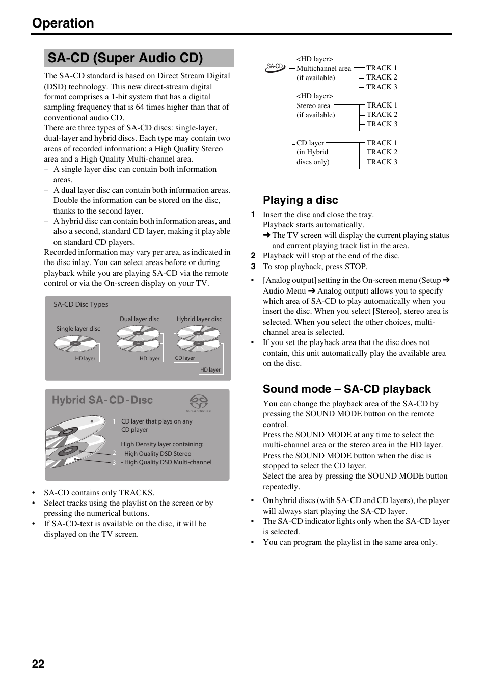 Sa-cd (super audio cd), Playing a disc, Sound mode – sa-cd playback | Playing a disc sound mode – sa-cd playback, Operation | Yamaha DVD-S2500 User Manual | Page 26 / 36