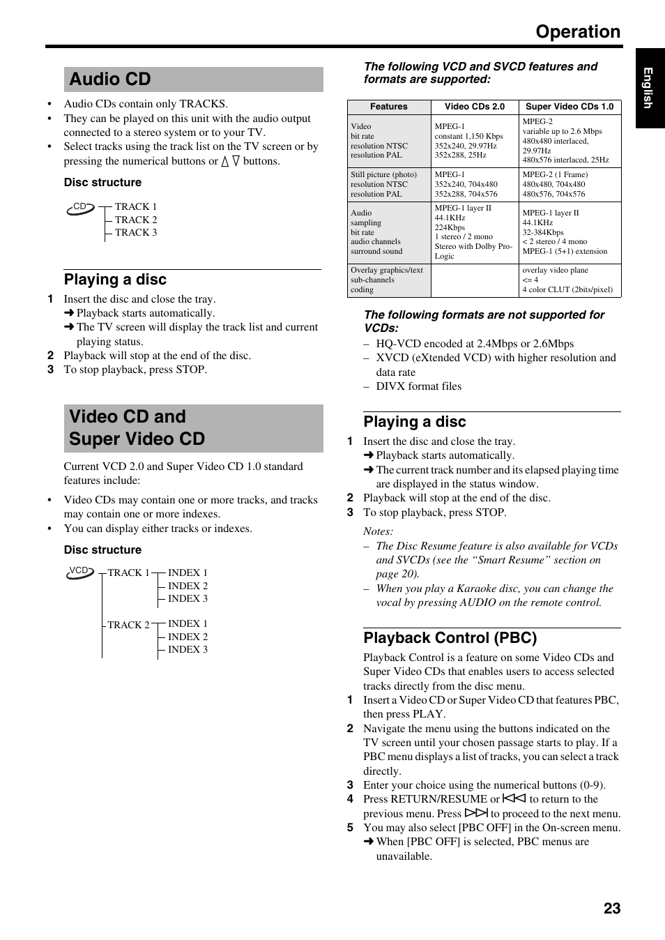 Audio cd, Playing a disc, Videocd and supervideocd | Playback control (pbc), Video cd and super video cd, Playing a disc playback control (pbc), Operation, Audio cd video cd and super video cd | Yamaha DVD-S2500 User Manual | Page 27 / 36