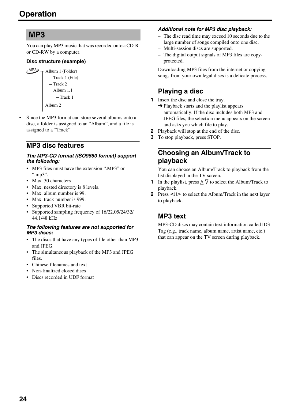 Mp3 disc features, Playing a disc, Choosing an album/track to playback | Mp3 text, Operation | Yamaha DVD-S2500 User Manual | Page 28 / 36
