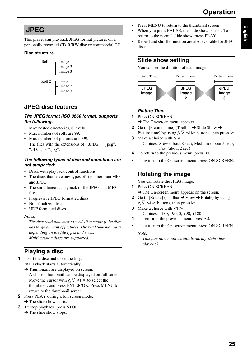 Jpeg, Jpeg disc features, Playing a disc | Slide show setting, Rotating the image, Operation | Yamaha DVD-S2500 User Manual | Page 29 / 36