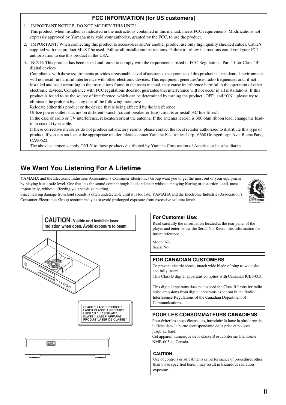 Ii we want you listening for a lifetime, Caution | Yamaha DVD-S2500 User Manual | Page 3 / 36