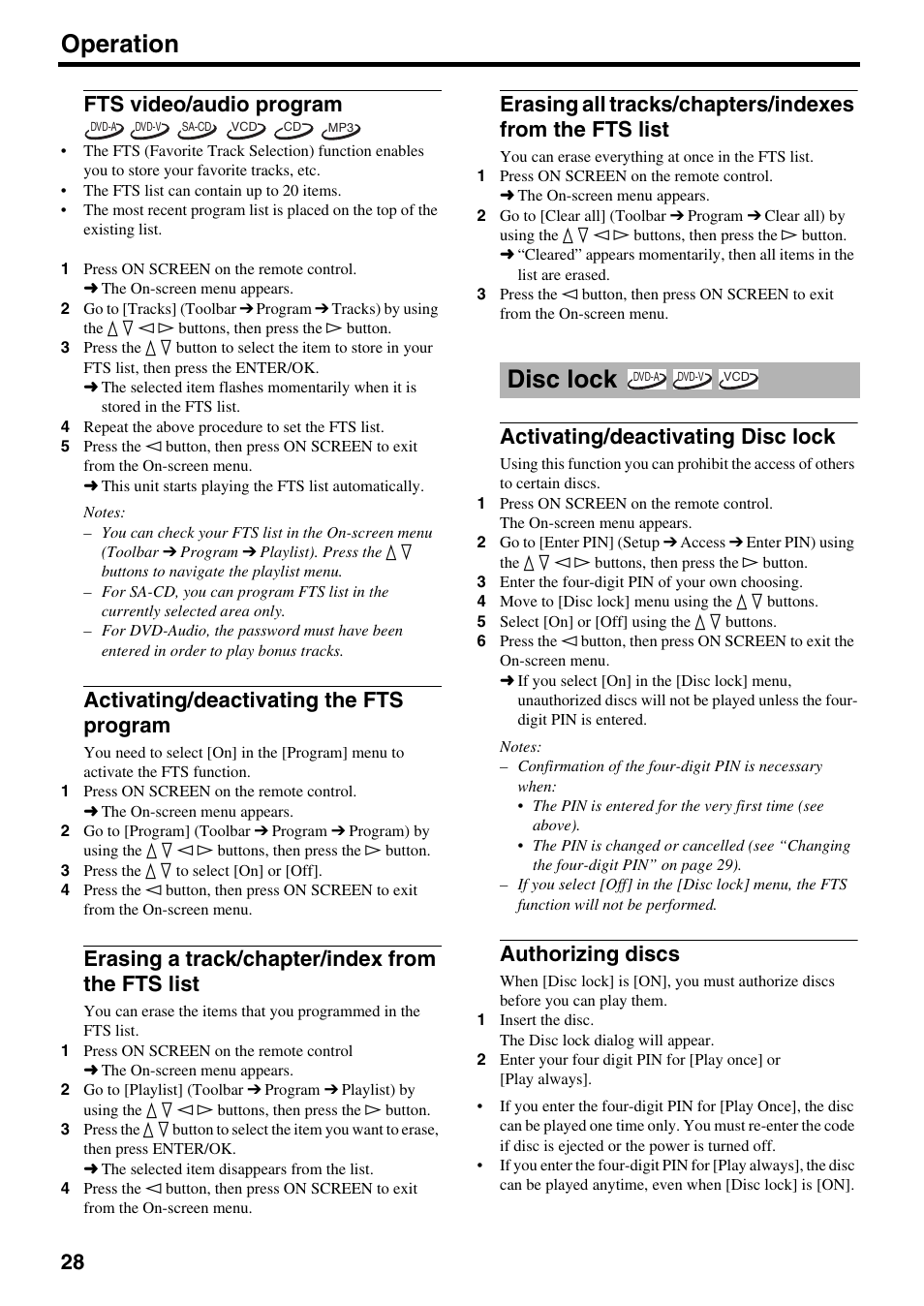 Fts video/audio program, Activating/deactivating the fts program, Erasing a track/chapter/index from the fts list | Disc lock, Activating/deactivating disc lock, Authorizing discs, Operation | Yamaha DVD-S2500 User Manual | Page 32 / 36