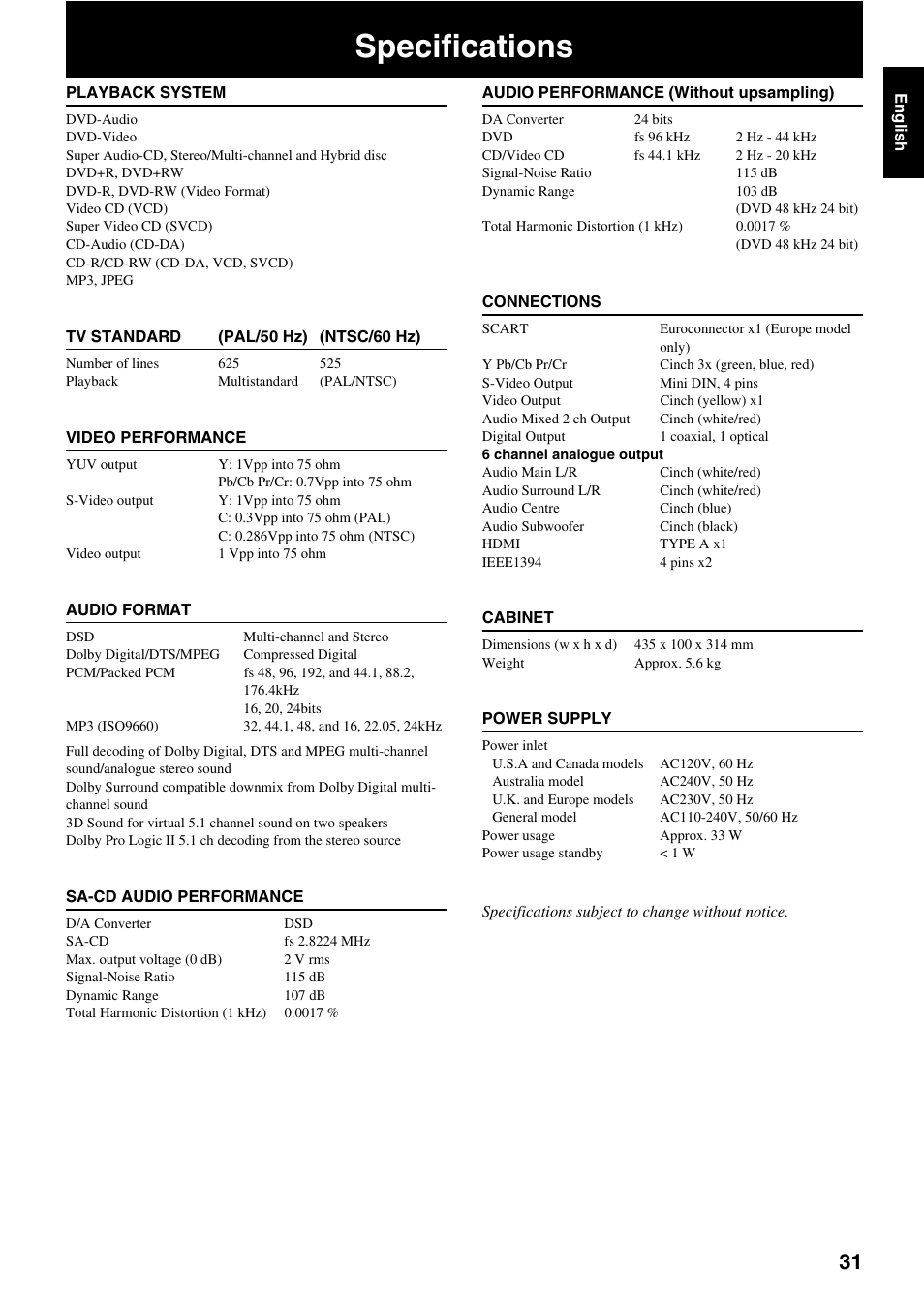 Specifications | Yamaha DVD-S2500 User Manual | Page 35 / 36