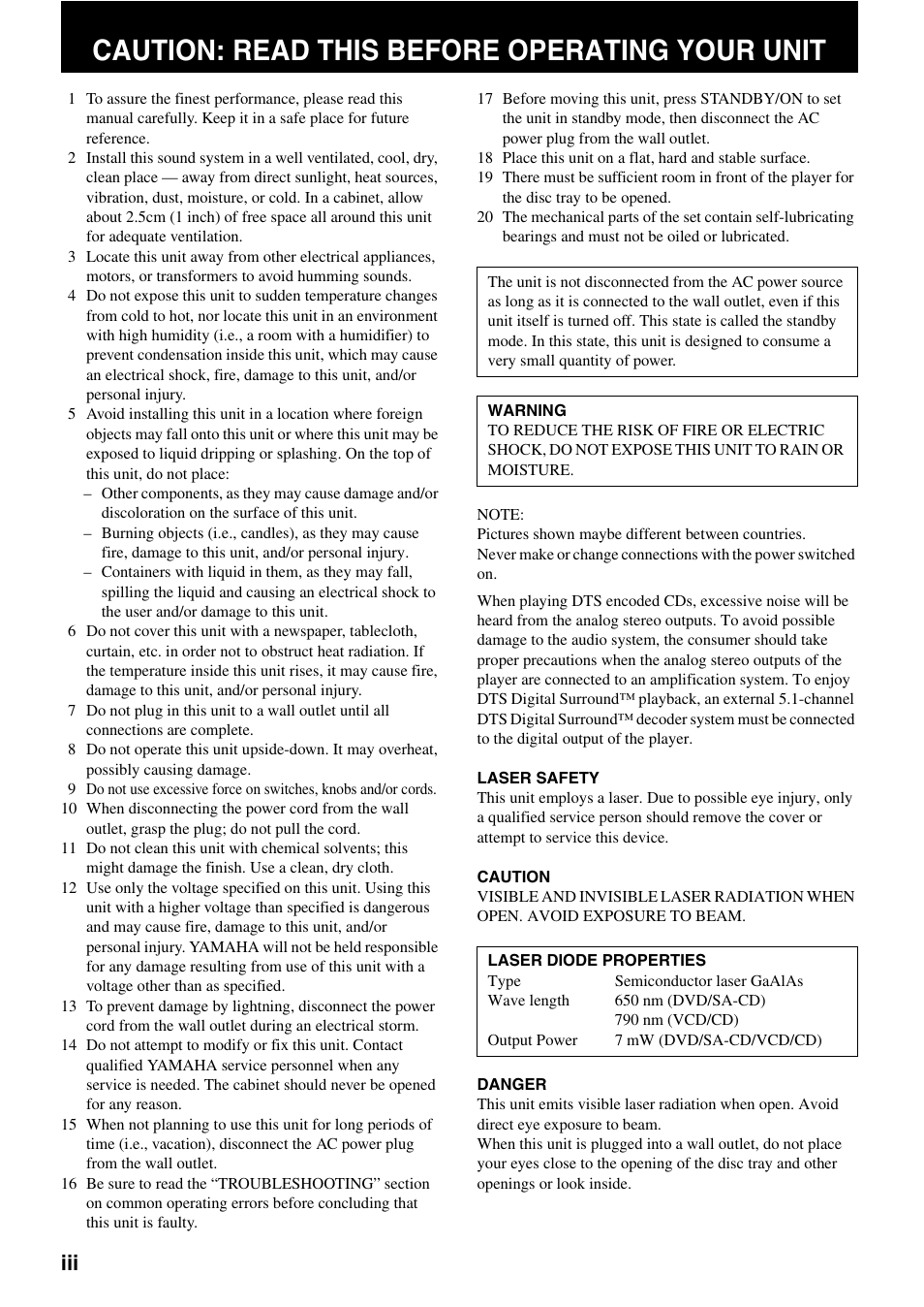 Caution: read this before operating your unit | Yamaha DVD-S2500 User Manual | Page 4 / 36