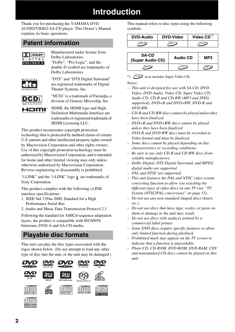 Introduction, Patent information, Playable disc formats | Patent information playable disc formats | Yamaha DVD-S2500 User Manual | Page 6 / 36