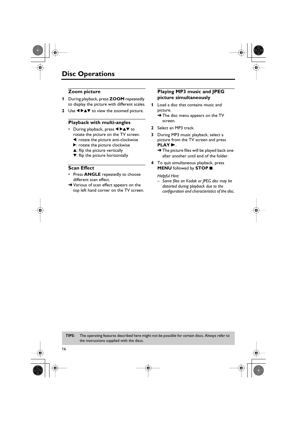 Zoom picture, Playback with multi-angles, Scan effect | Playing mp3 music and jpeg picture simultaneously, Disc operations | Yamaha DVD-S550 User Manual | Page 20 / 36