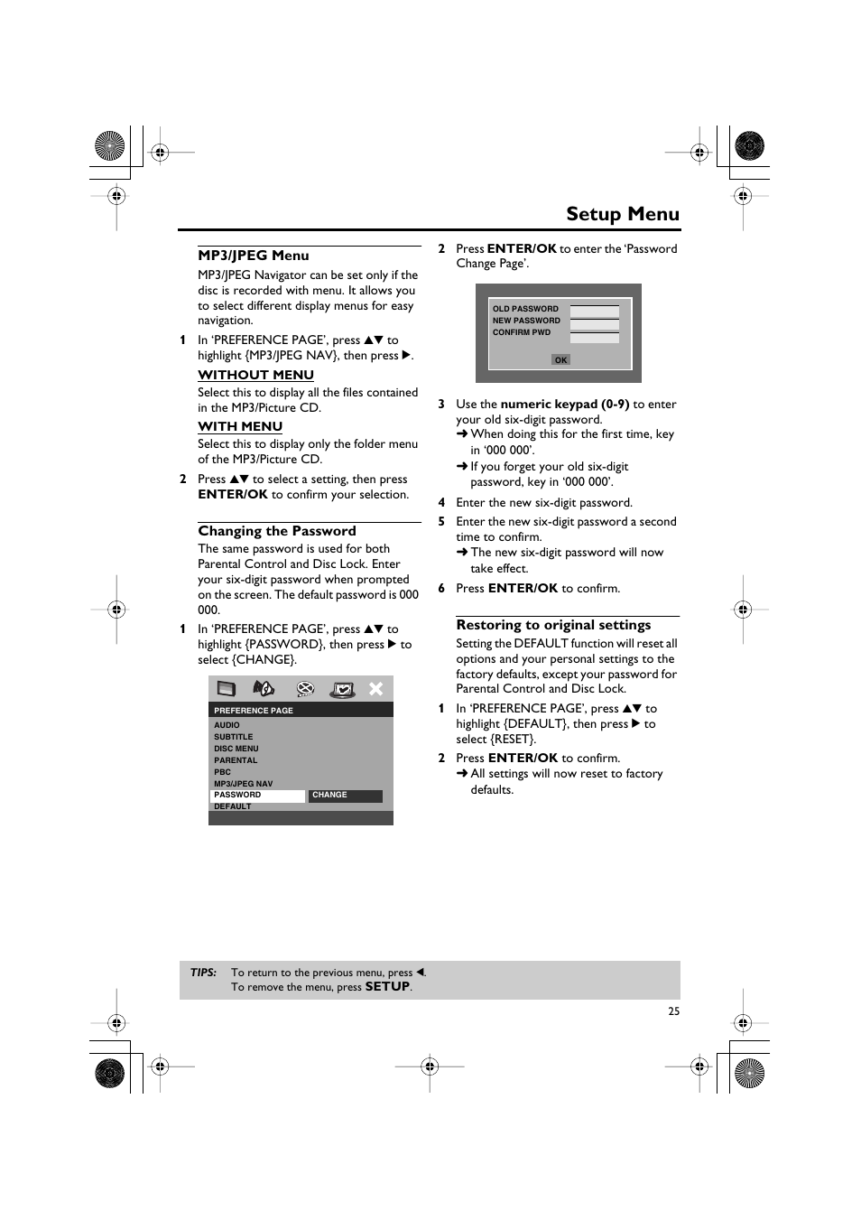 Mp3/jpeg menu, Changing the password, Restoring to original settings | Setup menu | Yamaha DVD-S550 User Manual | Page 29 / 36