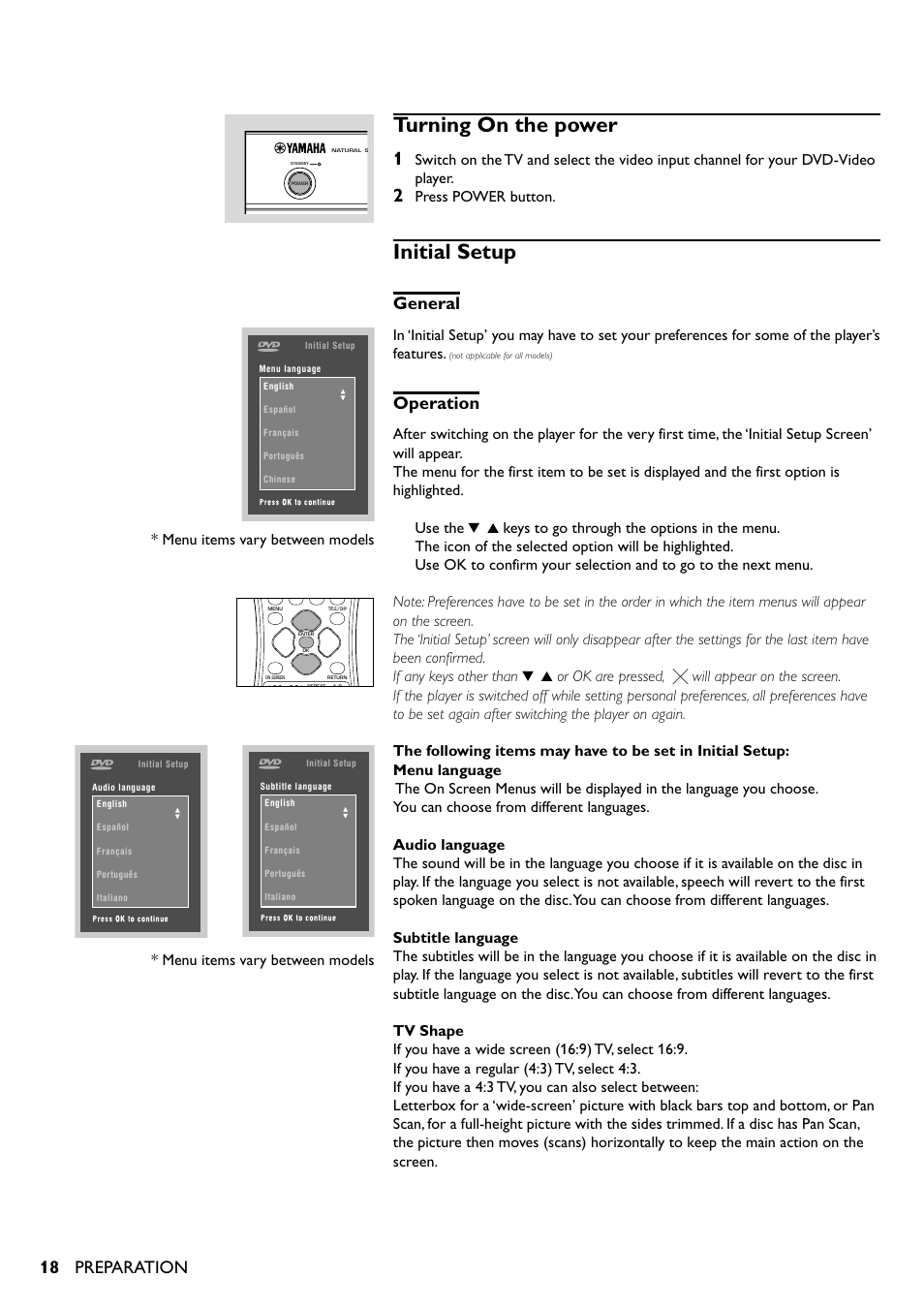 Turning on the power, Initial setup, Turning on the power initial setup | General, Operation, Preparation, Press power button, Menu items vary between models | Yamaha DVD-S510 User Manual | Page 18 / 36