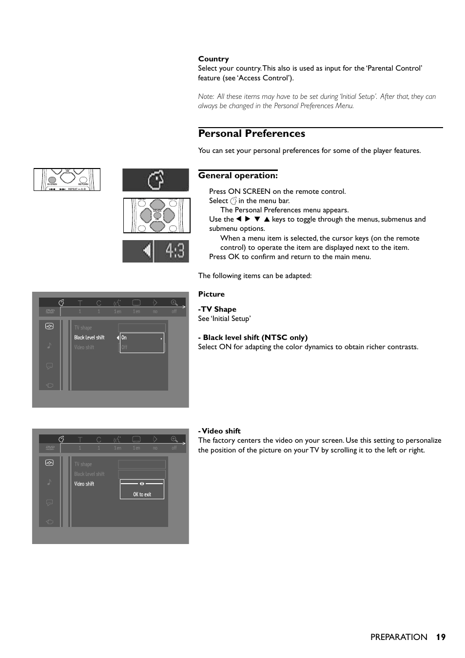 Personal preferences, General operation, Preparation | Press on screen on the remote control | Yamaha DVD-S510 User Manual | Page 19 / 36